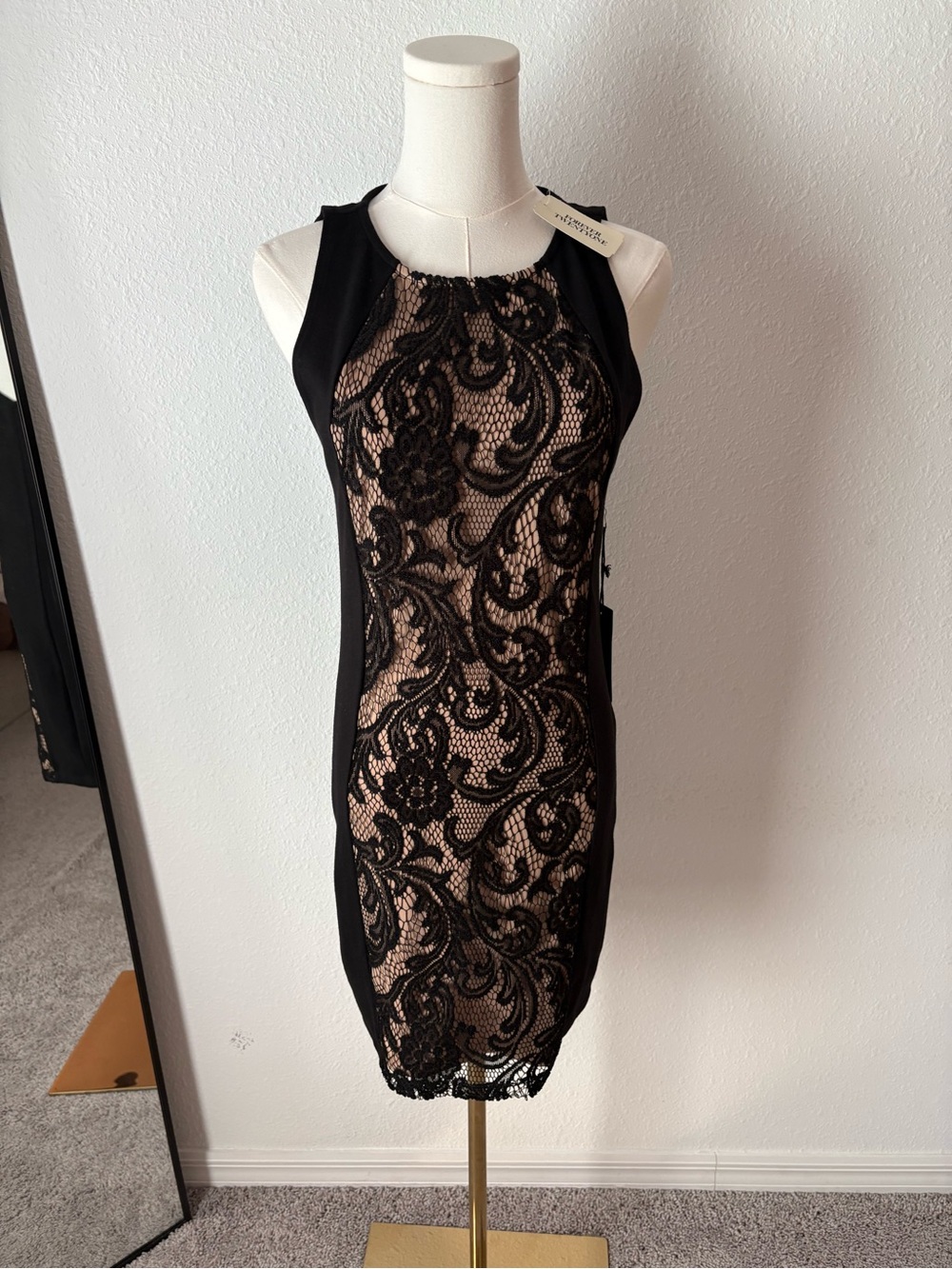 Forever 21 Black Lace Midi Dress with Nude Underlay